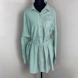 NWT 12th Tribe Shirt Dress Women's M Green Pinstripe Belted Button Springtime